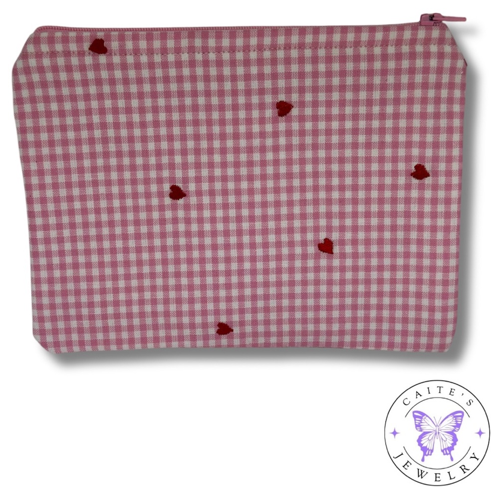 Handmade Zipper Pouch with an Embroidered Hearts Fabric